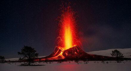 Aufkleber - Night scene of erupting volcano with lava flowing, set against a starry sky and snowy landscape, showcasing raw power and natural beauty