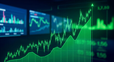 Poster - Green candlestick chart displays upward trend against blurred background of stock market data, symbolizing financial growth and investment success