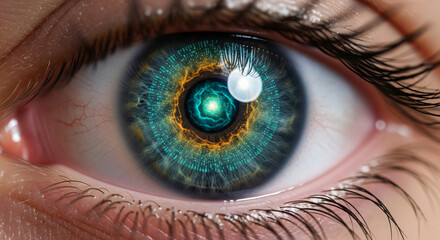Poster - Close-up of human eye with digital overlay, showing teal and gold code, symbolizing technological advancement, future vision, or data integration