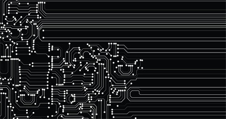 Poster - Abstract black technology background with circuit lines stock illustration. Circuit board futuristic trace processor unit texture illustration design