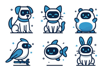 Poster - Cute cartoon animals illustrated in a playful style featuring a dog, cat, panda, bird, fish, and rabbit against a white background