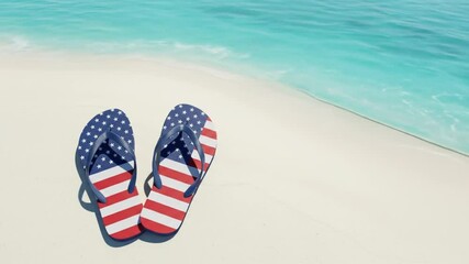 Flip Flops Lying on Tropical Beach Sand with Gentle Waves