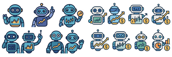 Aufkleber - Robots engaging in various activities related to data analysis and financial growth in a modern digital setting