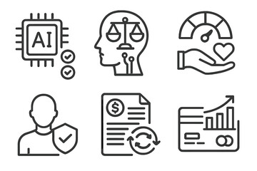 Aufkleber - Icons representing artificial intelligence, ethics, data analysis, and personal finance concepts suitable for technology discussions