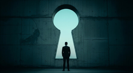 Poster - Businessman stands before large keyhole-shaped opening in concrete wall, symbolizing opportunity, potential, and new beginnings