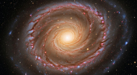 Fototapete - Spiral galaxy image, showcasing swirling cosmic dust and stars in shades of brown, red, and blue, representing the vastness and beauty of space, perfect for astronomy or science themes