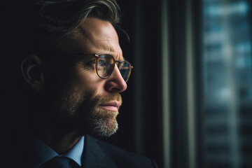 Poster - A man with glasses is looking out the window