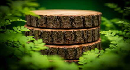 Poster - Stacked wood slices, showcasing natural wood grain texture, surrounded by green foliage, creating a nature-inspired display suitable for product presentation or branding
