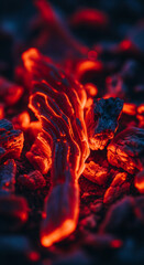 Poster - Close-up of glowing embers, red and orange hues, showcasing texture and intense heat, symbolizing energy, power, and passion