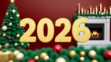 Wall Mural - Sparkling gold numbers 2026 on a New Year's background with a Christmas tree, fire in the fireplace, burning candles create a cozy atmosphere of New Year and Christmas holidays with copy space. congra
