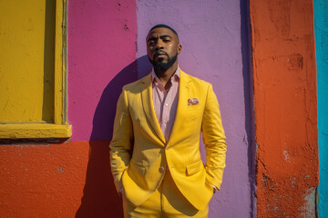 Poster - A man in a yellow suit stands in front of a colorful wall