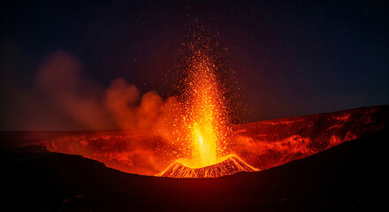 Poster - Volcanic eruption at night, fiery lava against a starry sky, showcasing nature's power and raw beauty