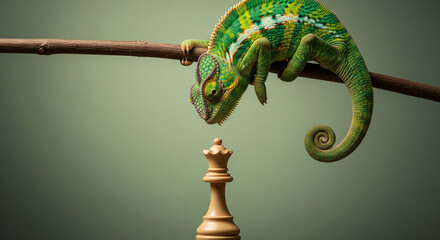 Poster - Green chameleon on branch, observing chess queen below, set against muted green background, showcasing strategy, observation, or unexpected perspectives
