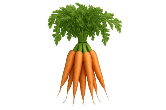 Photorealistic 3d rendering of a bunch of carrots with green leaves, isolated on a transparent background