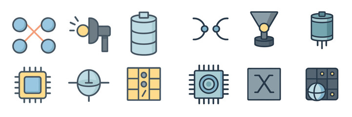 Fototapete - Icons representing technology concepts including data processing, communication, and electronic components in a minimalist style