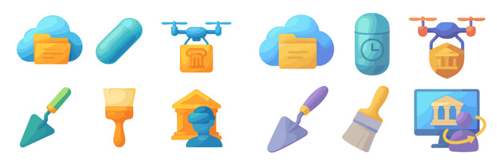 Poster - Icons depicting modern technology and construction tools in a colorful design for educational or digital usage