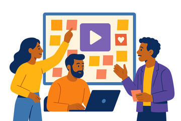 Poster - Team brainstorming session at a workspace with colorful sticky notes on a screen