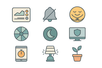 Fototapete - Icons representing various concepts of productivity, relaxation, and technology in a minimalistic style with soft colors