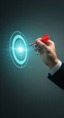 Poster - Hand in suit aiming red dart at glowing cyan target, symbolizing accuracy, precision, and goal achievement in business strategy