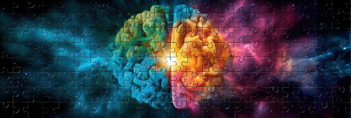 Poster - Colorful Puzzle Ribbon Glowing at the Center of an Abstract Brain Design in a Dynamic Cosmic Background