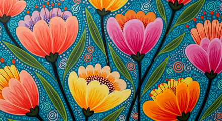 Poster - Vibrant painting of stylized flowers in pink, orange, yellow, and purple against a teal background, showcasing bold colors and organic shapes, representing joy, nature, and artistic expression