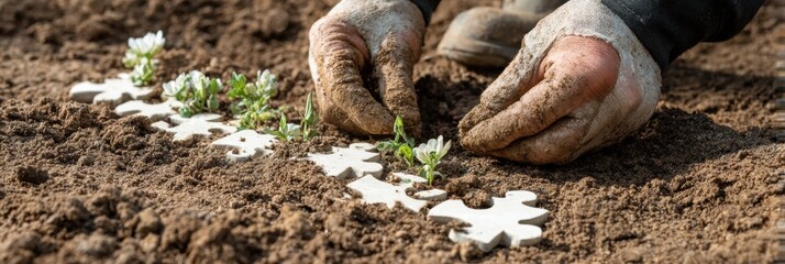 Poster - Hands Planting Puzzle-Shaped Seeds Into Rich Soil to Cultivate a Unique Garden Experience in a Sunny Backyard