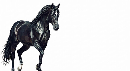 Poster - Geometric black horse illustration, dynamic pose, white background, free space for text, showcasing elegance and power, suitable for design projects