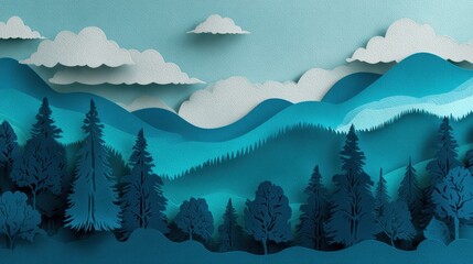 Poster - Layers of Nature in Paper Cut Style Showcasing a Tranquil Forest, Serene Mountains, and a Clear Sky in a Beautiful Composition