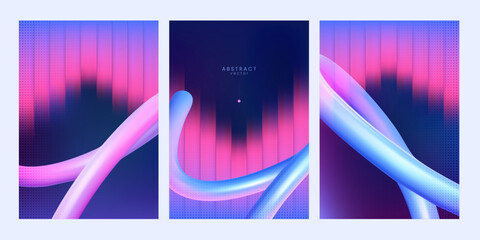 Holographic neon posters with striped background and 3D abstract curved tubes. Y2K retro vintage style vector set for digital technology designs. Editable template in vector format. 