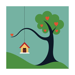 Hanging Birdhouse on Love Tree Branch Cozy Vector Scene
