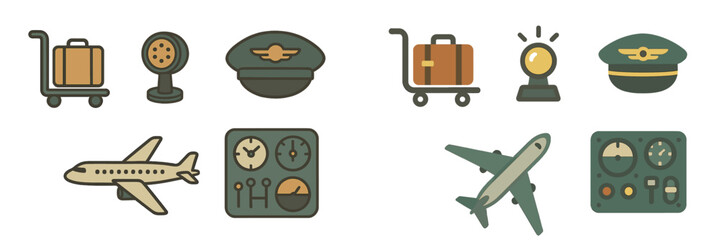 Poster - Various aviation icons representing luggage, pilots, and aircraft in a simple design for travel themes