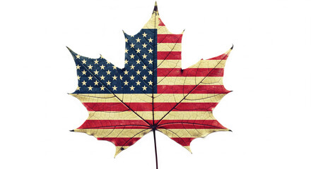 Poster - Dried maple leaf displaying the US flag, showcasing patriotism and autumnal themes.  Free space for text or design elements
