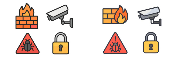 Poster - Icons representing security measures and threats related to fire, surveillance, and bugs arranged in two rows on a white background