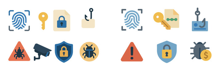 Poster - Cybersecurity icons representing digital threats, protection measures, and user identification in a flat design style