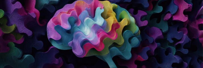 Poster - Puzzle Ribbon Illuminating Colorful Abstract Brain With Vibrant Textures and Shapes in a Dynamic Composition