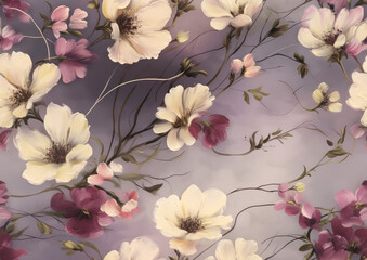 Wall Mural - seamless texture, pattern white and purple anemones on purple background