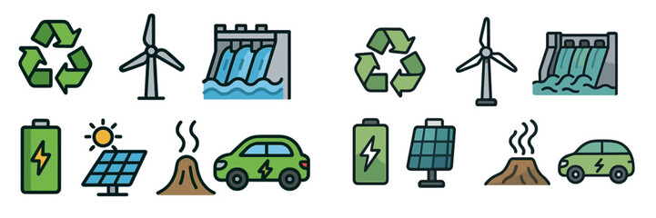 Poster - Renewable energy icons representing various sustainable energy sources and technologies for a greener future