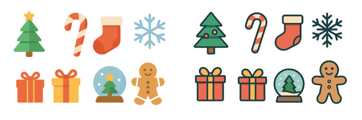 Aufkleber - Colorful collection of Christmas icons featuring trees, candy canes, stockings, and gingerbread characters for festive designs