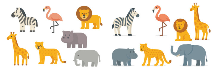 Poster - Colorful cartoon animals in a playful arrangement with a zebra, giraffe, lion, and elephant illustrated in a whimsical style