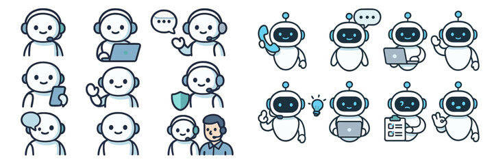 Aufkleber - Engaging support icons depicting communication between customer service agents and chatbots in various scenarios