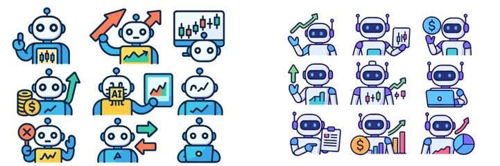 Aufkleber - Collection of diverse robot illustrations depicting various activities related to technology and business analytics