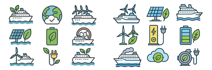 Poster - Innovative concepts in sustainable maritime transport showcased with symbols of green technology and eco-friendly practices