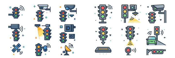 Poster - Detailed collection of traffic lights and surveillance systems showcased in a colorful vector graphic design from an urban environment