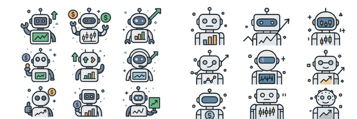 Poster - Illustrations of various robots engaged in data analysis and financial activities in a digital workspace