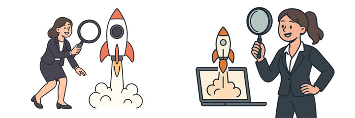 Poster - Businesswoman launching rocket while working on laptop in modern office setting during daytime