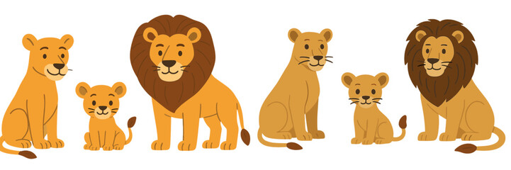 Poster - Family of cartoon lions in playful poses displaying affection in a simple graphic style