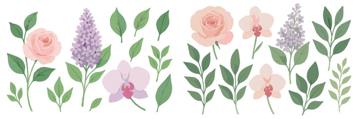 Poster - Vibrant floral arrangement featuring roses, orchids, and lilacs with green leaves on a white background