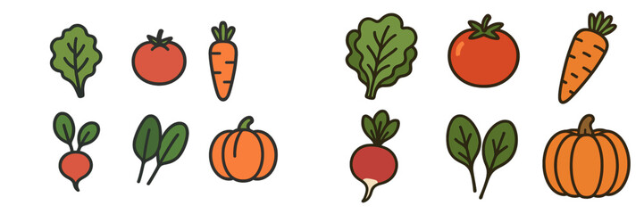 Poster - Colorful collection of hand-drawn vegetables on white background depicting fresh produce for healthy cooking