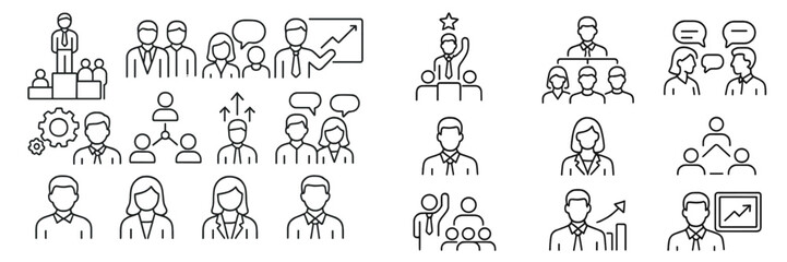 Poster - Diverse group of vector icons representing business teamwork and collaboration in a modern workspace