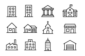 Poster - Collection of simple black and white building icons representing various structures and establishments